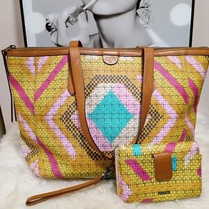 Fossil Pink and Yellow Patterned Tote and Clutch